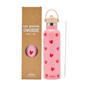 Gourde 600ml - Rose coeurs rouges