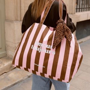 Cabas XXL  Rayures marrons et roses Amour toujours