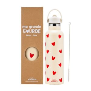 Gourde 600ml - Écru coeurs rouges