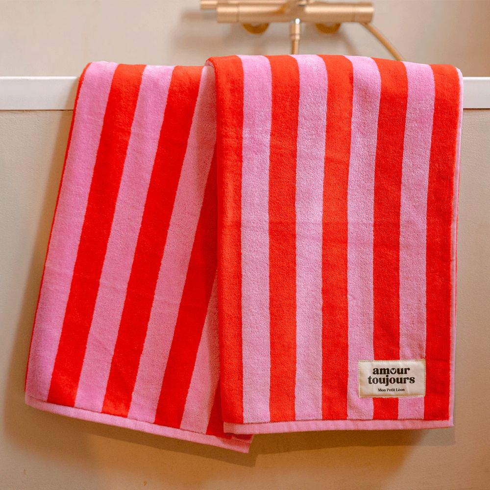 Serviette de bain - Rayures rose et rouge – Image 2